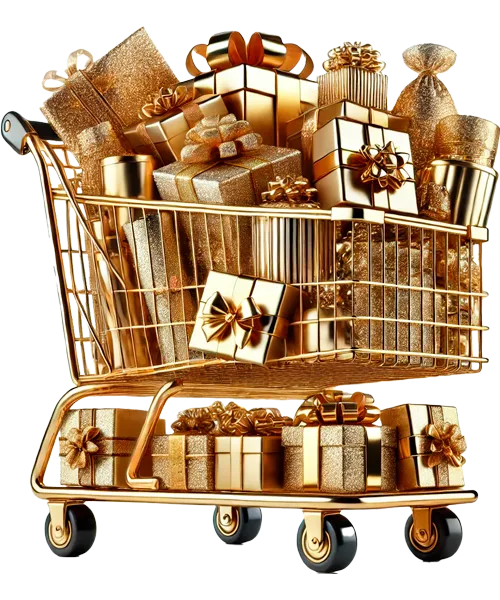 Shopping cart filled with golden gifts