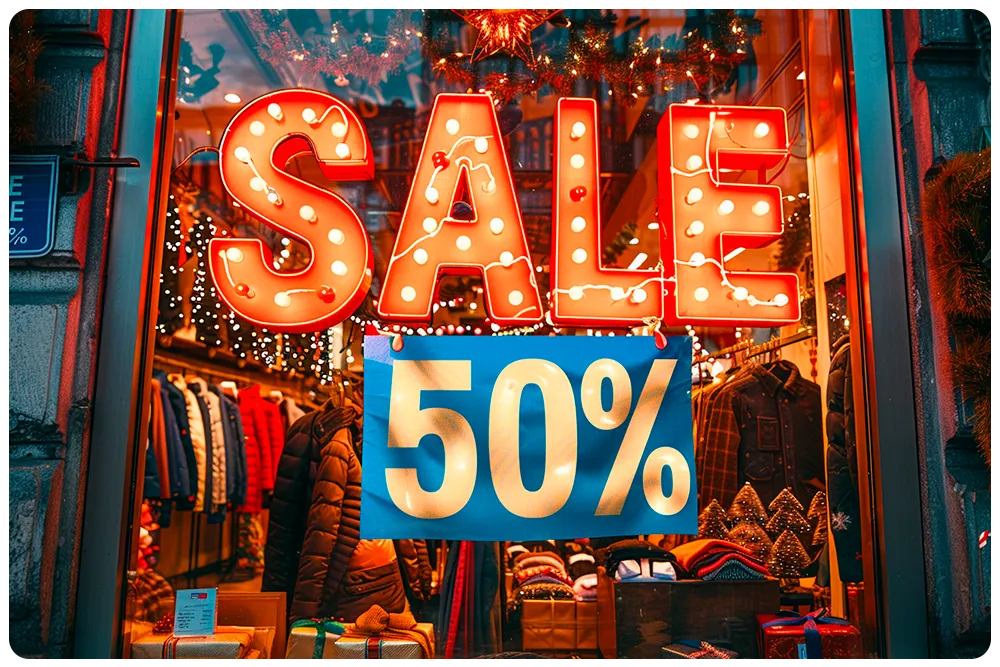 Illuminated sale sign in shop window